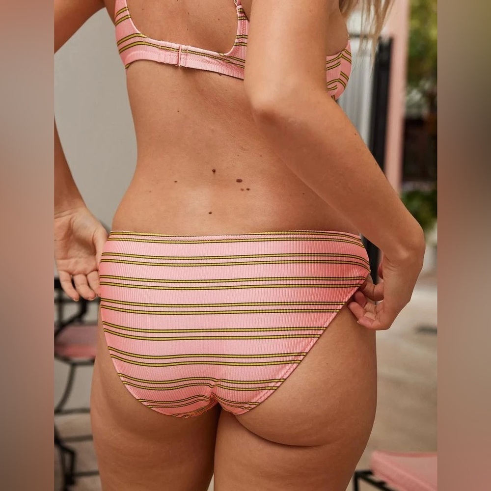 Aerie Beach Babe Shine Rib Voop Top and Bottom Bikini Set in Pink Yellow, M/L - Picture 3 of 13